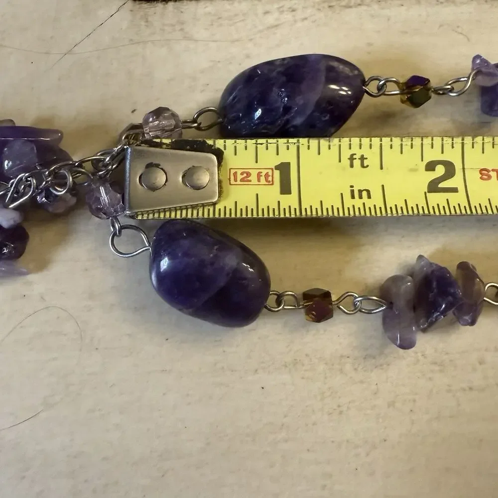 Silver Tone‎ Amethyst Beaded Necklace and Earring Set Pierced 24” Artisan Boho